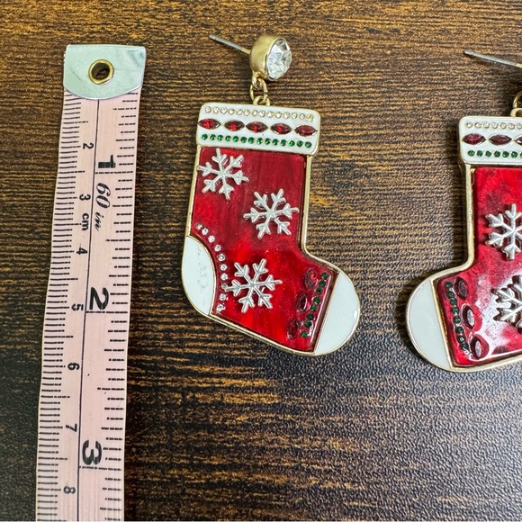 Red Christmas Stocking Earrings 2.25 Inch Snowflakes Rhinestone Post Dangles - Picture 3 of 7
